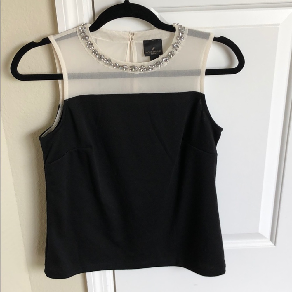 Black & white sleeveless top w/ beaded accents
